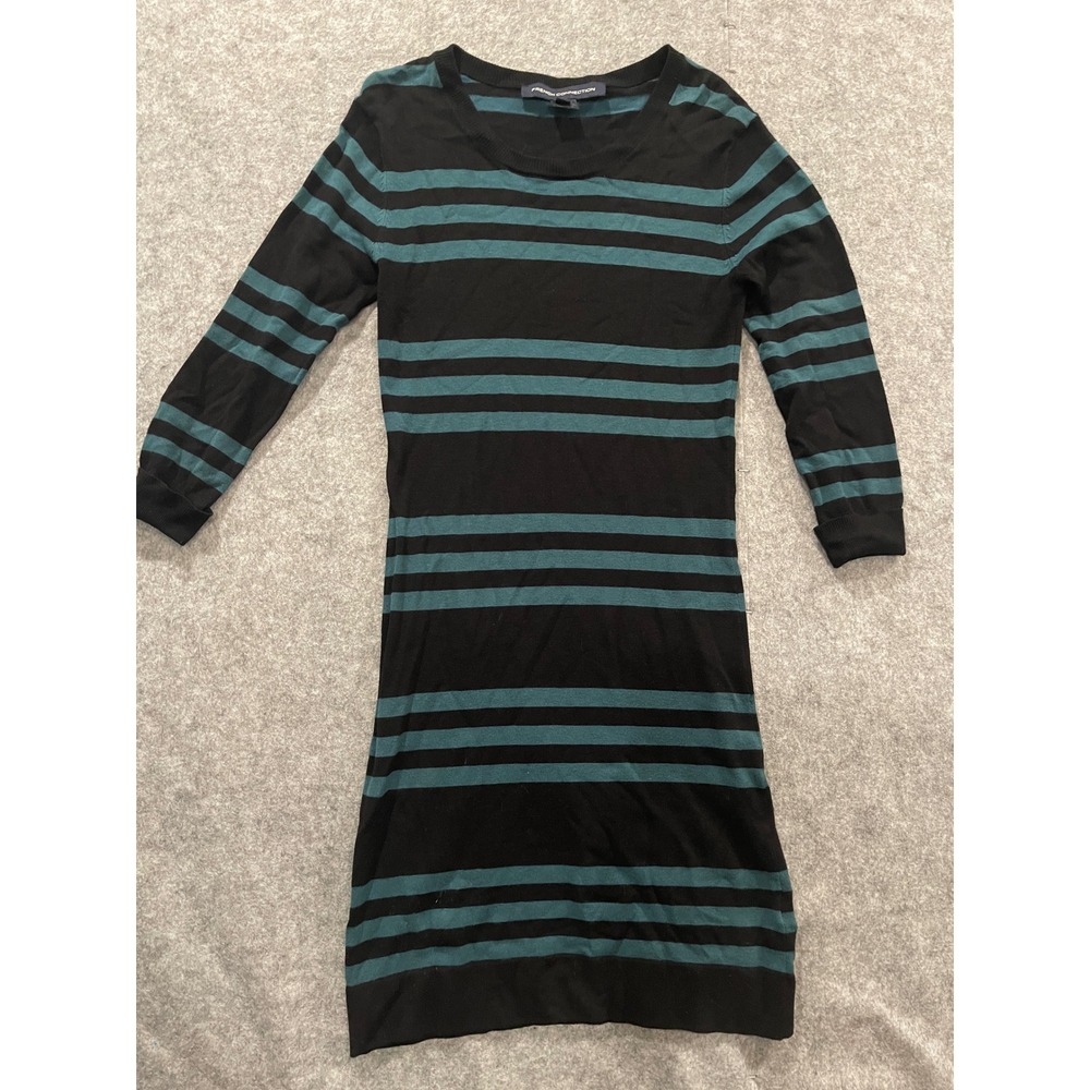 French Connection Women Black Teal Striped Knit Long Sleeve Sweater Dress Size 6